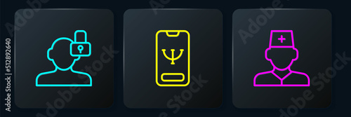 Set line Closed personality, Male doctor and Online psychological counseling. Black square button. Vector