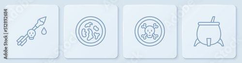 Set line Poison on the arrow, Bones and skull, Petri dish with bacteria and Witch cauldron. White square button. Vector