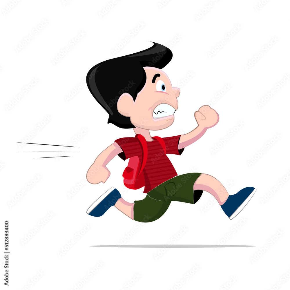 Boy Running Fast with Red  Backpack Vector Illustration