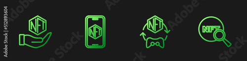 Set line NFT Digital crypto art, Mobile with store app and Search. Gradient color icons. Vector
