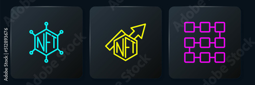 Set line NFT blockchain technology, and growth bar chart. Black square button. Vector