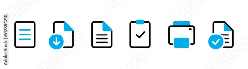 Document icon. Paper document signs. Download and Print document symbol. Task clipboard, vector illustration