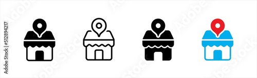 Find merchant icon. Find store symbol. Online store market with find location, vector illustration