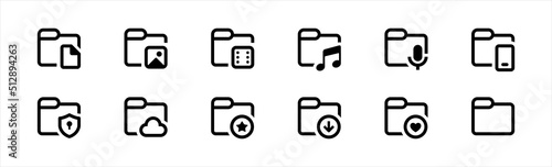 Folder flat line icons set. File catalog, document, paper, picture, video, movie, music, recorder, phone, secure, cloud, star, favorite, download symbol, vector illustration