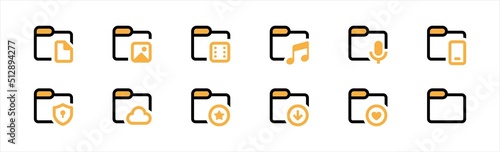 Folder flat line icons set. File catalog, document, paper, picture, video, movie, music, recorder, phone, secure, cloud, star, favorite, download symbol,  vector illustration