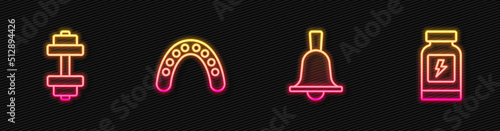 Set line Boxing bell, Dumbbell, Mouth guard boxer and Energy drink. Glowing neon icon. Vector