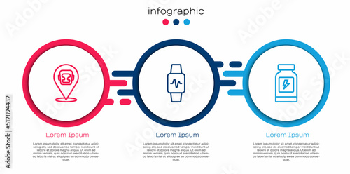 Set line Boxing helmet, Smart watch with heart and Energy drink. Business infographic template. Vector