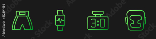 Set line Sport mechanical scoreboard, Boxing short, Smart watch with heart and helmet. Gradient color icons. Vector