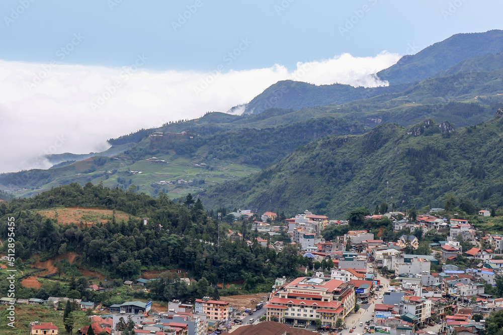 Lao Cai Province,north-west Vietnam on July 14,2019:Panorama View over Sapa Town from Mount Hamrong.