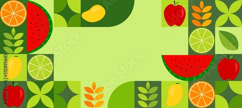 background pattern of green natural leaves and fresh fruits