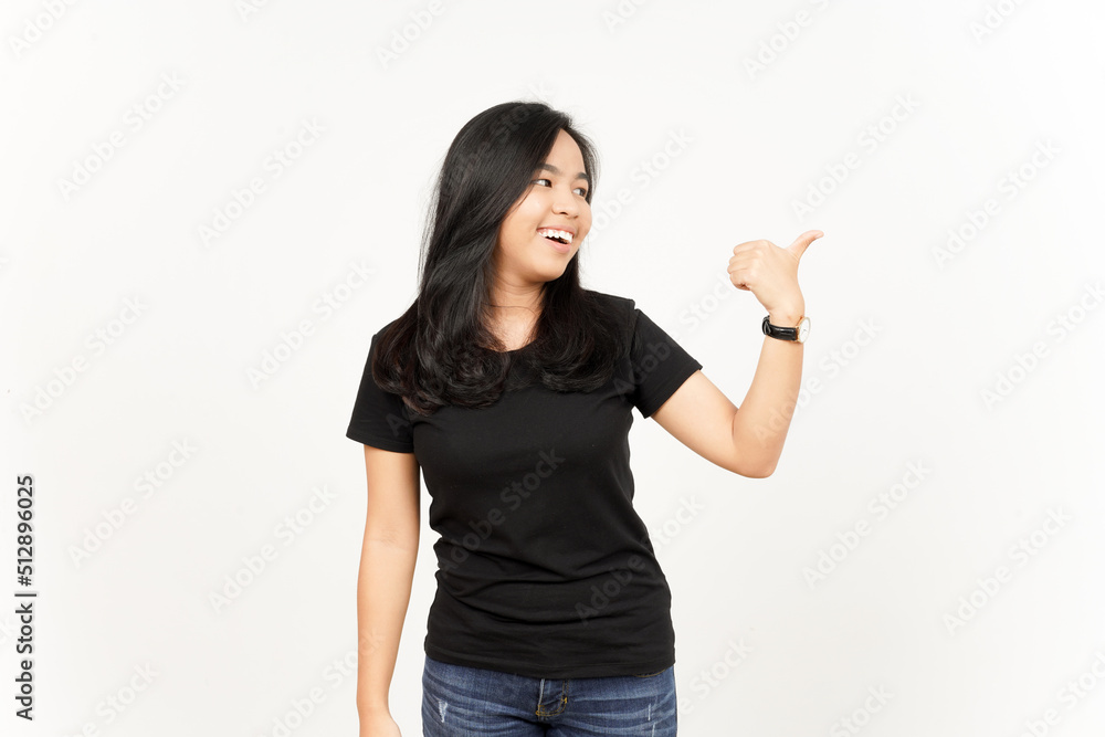 Presenting and Pointing Side Product Using Thumb of Beautiful Asian Woman Isolated On White