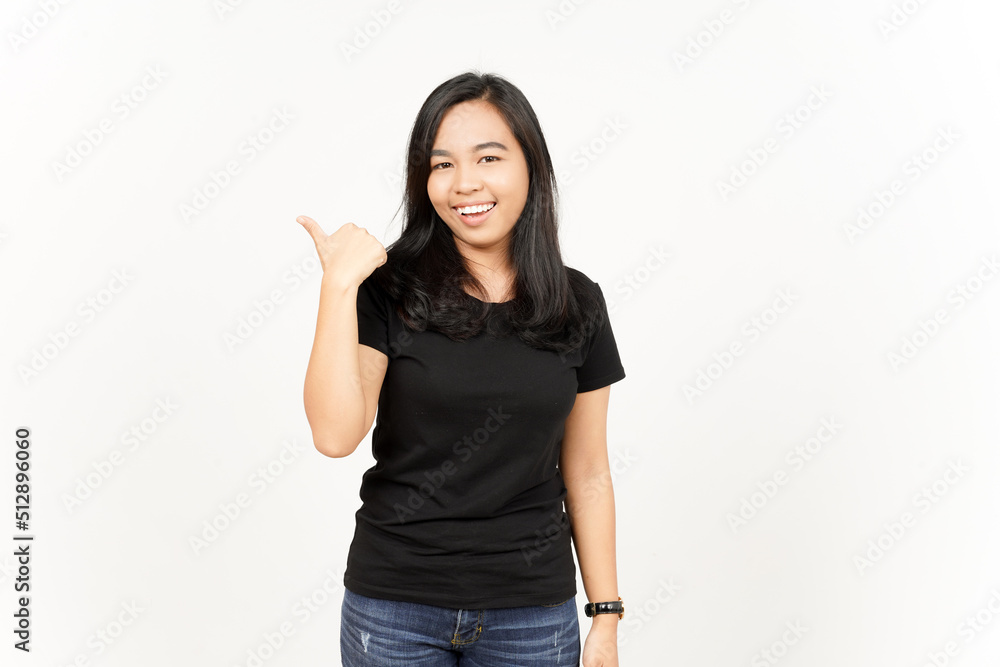 Presenting and Pointing Side Product Using Thumb of Beautiful Asian Woman Isolated On White Presenting and Pointing Side Product Using Thumb of Beautiful Asian Woman Isolated On White