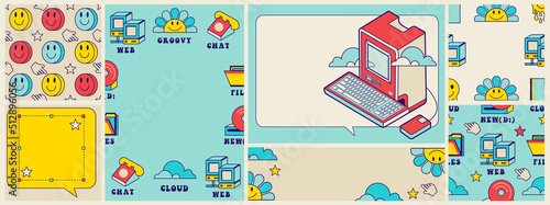 Retro set of frames for slogans and groovy 80s style fun seamless patterns. Old computer aesthetic illustration, nostalgia style pc. Comic cheerful user interface. Editable template with isolated icon