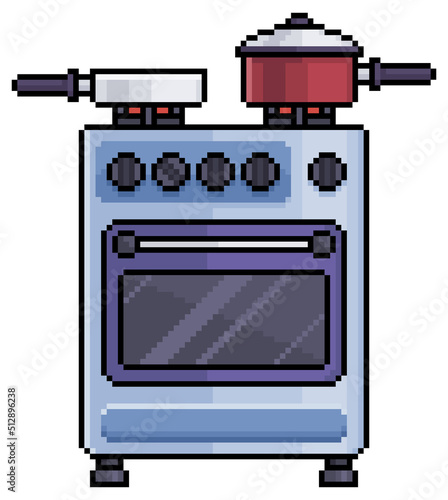 Pixel art stove with pans. Home furniture vector icon for 8bit game on white background
