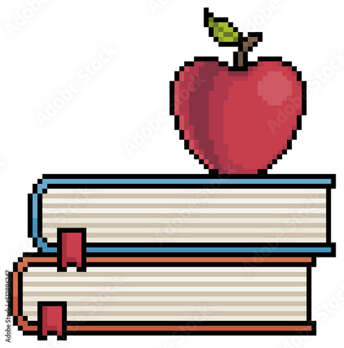 Pixel art books with apple. study notebook vector icon for 8bit game on white background
