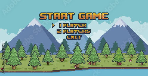Pixel art forest game menu. Pine forest scene with lake and mountains 8 bit vector background 