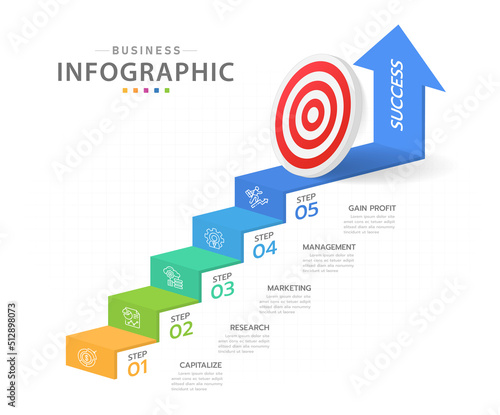 Infographic template for business. 5 Steps Modern Stair diagram with arrow and topics, presentation vector infographic.