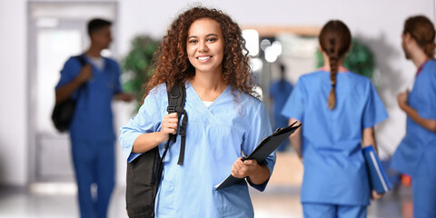 African-American student in hall of medical university