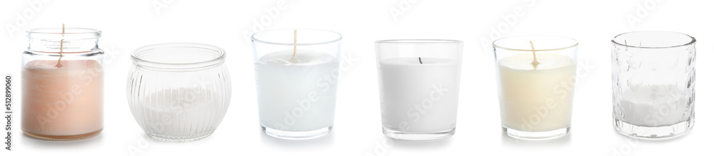 Set of aroma candles in holders on white background - obrazy, fototapety, plakaty 