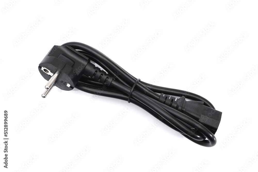 black replacement AC power cord isolated on white background black replacement AC power cord isolated on white background