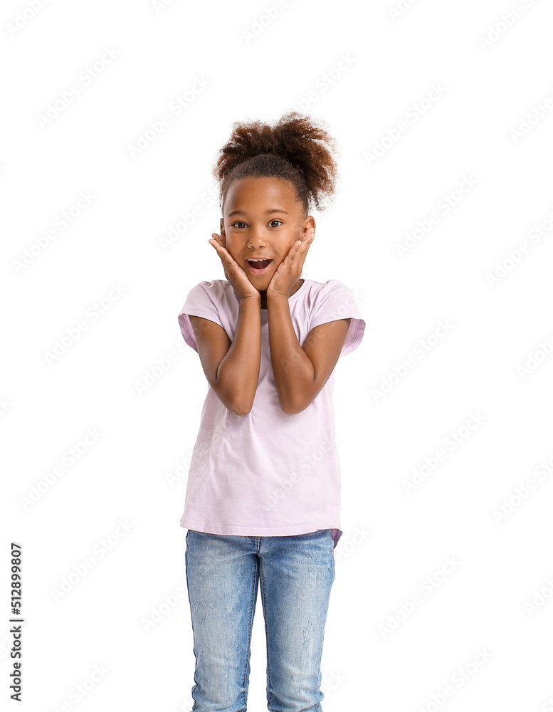Surprised little African-American girl in t-shirt on white background Surprised little African-American girl in t-shirt on white background