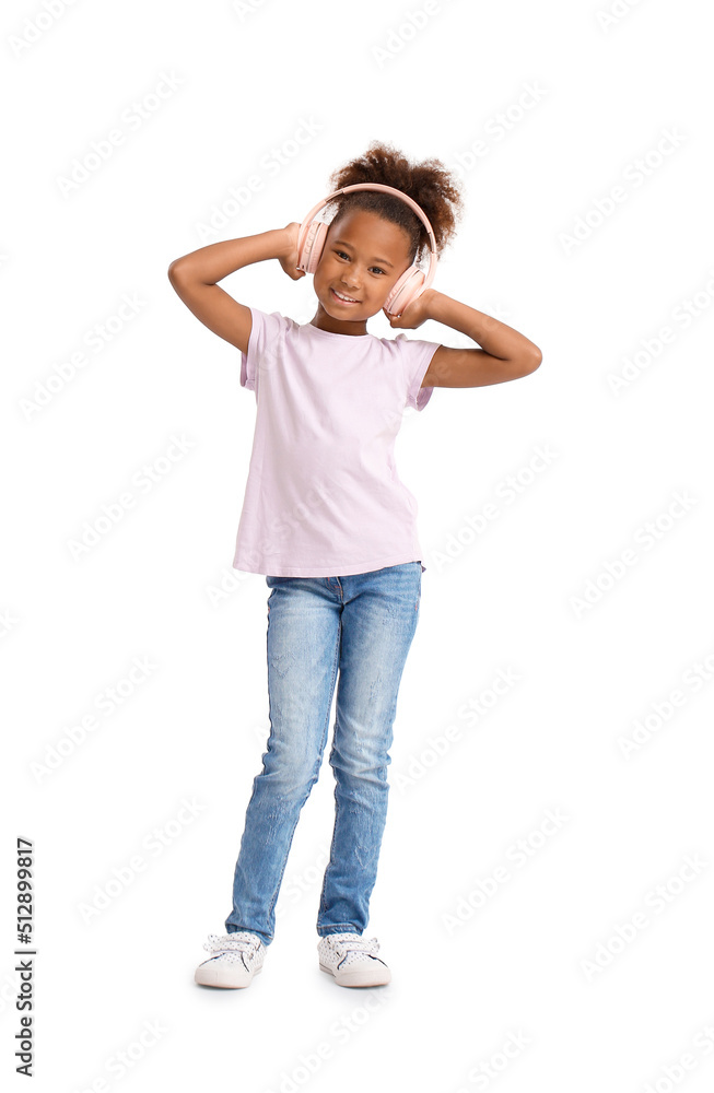 Little African-American girl in headphones on white background Little African-American girl in headphones on white background