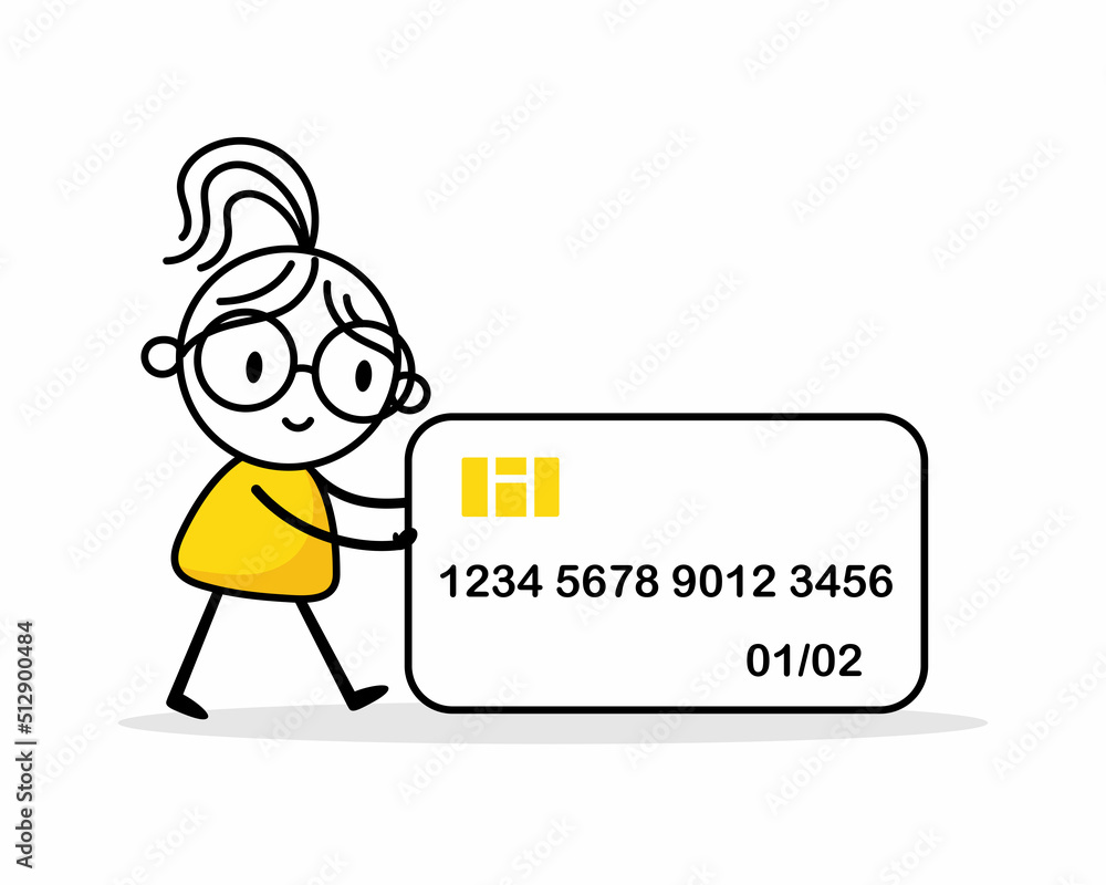 Woman pushing a big credit card. Financial and banking concept. Vector stock illustration Woman pushing a big credit card. Financial and banking concept. Vector stock illustration