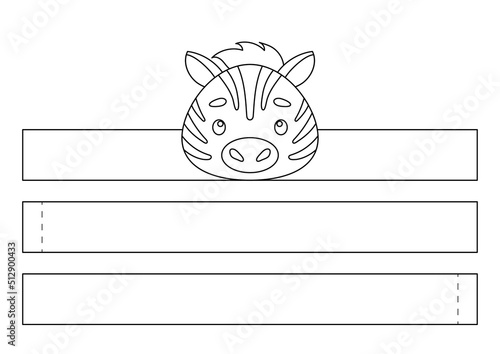 Printable zebra paper crown. Fun accessory for entertainment. Diy cut party ribbon template for birthday, christmas, baby shower. Print, color, cut and glue. Vector stock illustration.