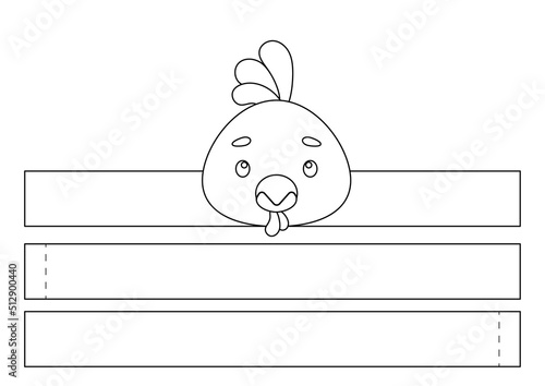 Printable chicken paper crown. Fun accessory for entertainment. Diy cut party ribbon template for birthday, christmas, baby shower. Print, color, cut and glue. Vector stock illustration.