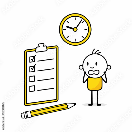 Businessman standing near a big to-do list and a clock. Hand drawn doodle man in panic isolated on white background. Deadline business concept. Vector stock illustration