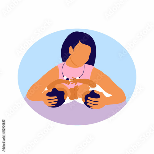 Mom breastfeeds two twins at the same time. Pose for feeding kids. Motherhood, two newborn children.  Support with breastfeeding. Vector illustration