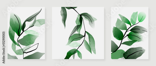 Set of abstract green leaf branch wall art vector. Botanical, leaf branches, plants, tropical foliage in line art. Collection of leaf wall decoration perfect for decorative, interior, prints, banner.