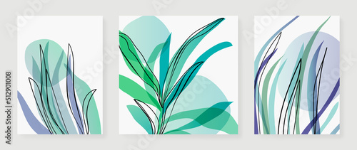 Set of abstract green leaf branch wall art vector. Botanical, leaf branches, plants, tropical foliage in line art. Collection of leaf wall decoration perfect for decorative, interior, prints, banner.