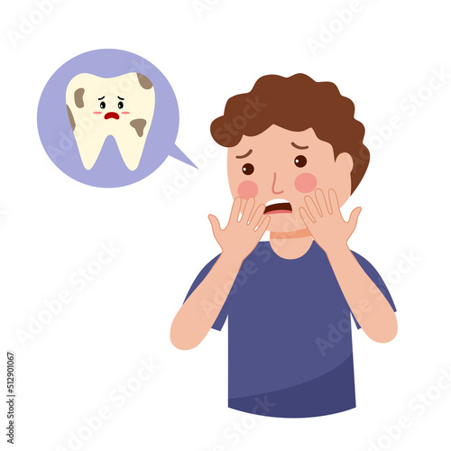 Boy child having toothache painful character in flat design. Dental problem and treatment concept.