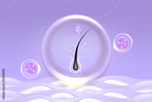 Hyaluronic acid hair and skin solutions ad, purple collagen serum drop over skin cells with cosmetic advertising background ready to use, illustration vector.