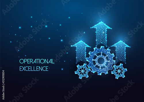Concept of operational excellence with gears, cogwheels and up arrows in futuristic glowing style