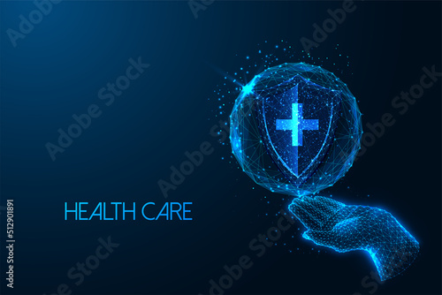 Concept of medical protection, healthcare insurance in futuristic glowing style with hand and shield