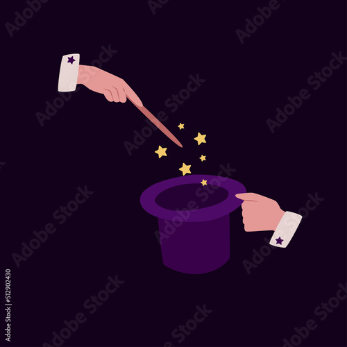 Hands on a dark background show a trick with a magic wand and a hat. Vector illustration, isolated elements. A circus trick.