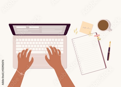 Black Female’s Hand Typing On Laptop Keyboard With Stationary Items And Coffee Laying On Table Top. Close-Up. Character, Cartoon.