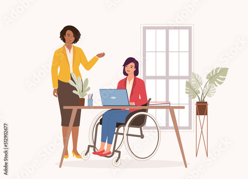Black Woman Manager Talking With Her Employee With Disabilities At The Workplace. Full Length. Character, Cartoon.