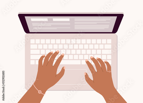 Black Female’s Hand With Pink Color Nail Polish, Bracelet And, Ring Typing On Laptop Keyboard. Close-Up. Character, Cartoon.