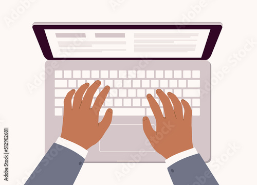 Black Male’s Hand In Business Suit Typing On Laptop Keyboard. Close-Up. Character, Cartoon.