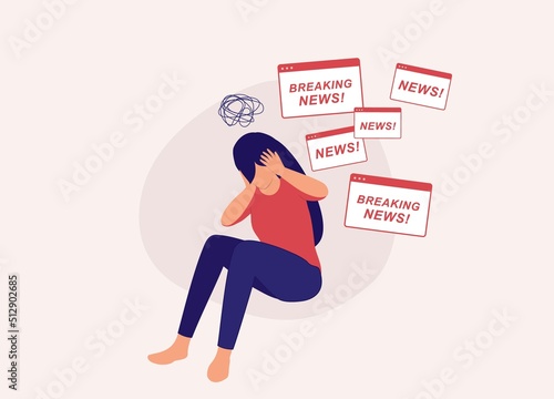 One Overwhelmed Young Woman Covering Her Ears With Both Hands To Avoid All The Bad Breaking News. Full Length. Character, Cartoon.