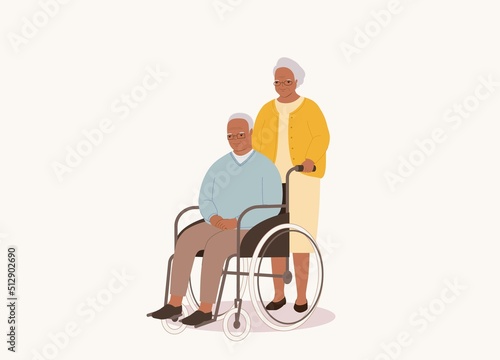 Smiling Black Senior Wife Pushing Wheelchair With Disabled Senior Husband. Full Length. Character, Cartoon.