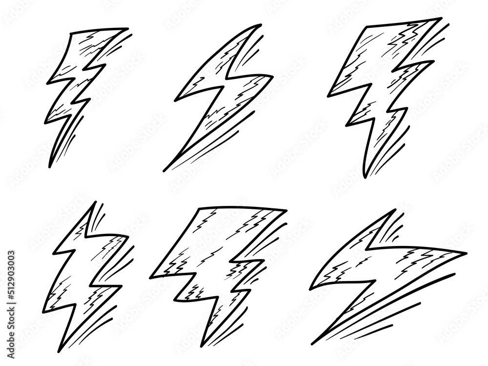 Set of Hand drawn electric lightning. Doodle thunder bolt and thunderstorm. isolated on white background. vector illustration Set of Hand drawn electric lightning. Doodle thunder bolt and thunderstorm. isolated on white background. vector illustration