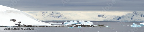 Panorama of icebergs in a bay, surrounded by snow covered mountains, at Portal Point, Antarctica