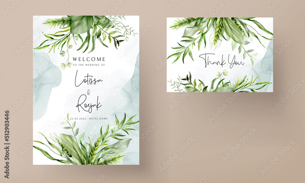 beautiful watercolor greenery leaves wedding invitation card