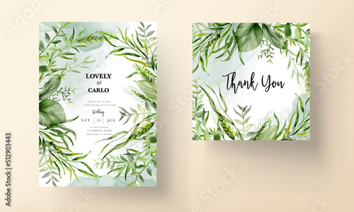 beautiful watercolor greenery leaves wedding invitation card