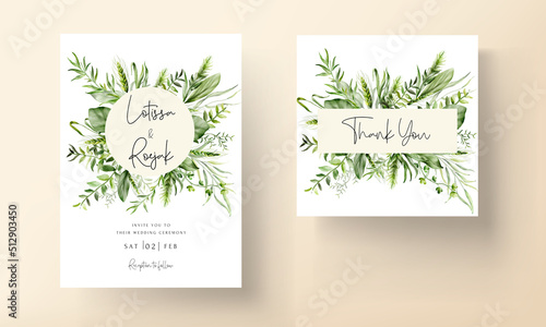 beautiful watercolor greenery leaves wedding invitation card