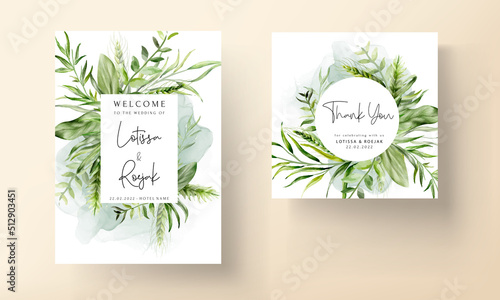 elegant watercolor greenery grass and leaves wedding invitation card set template